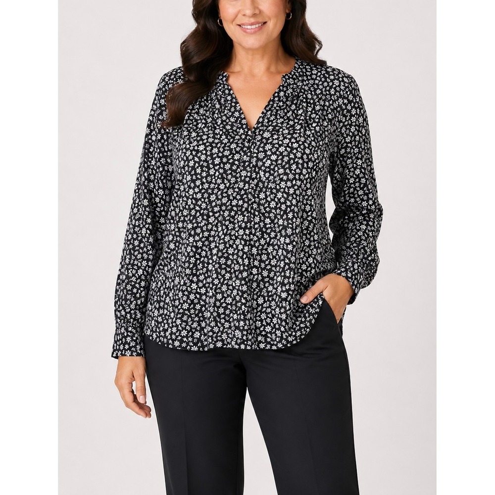 Ann Taylor Blouse Womens Large Black Floral V-Neck Long Sleeve Cottagecore NWT